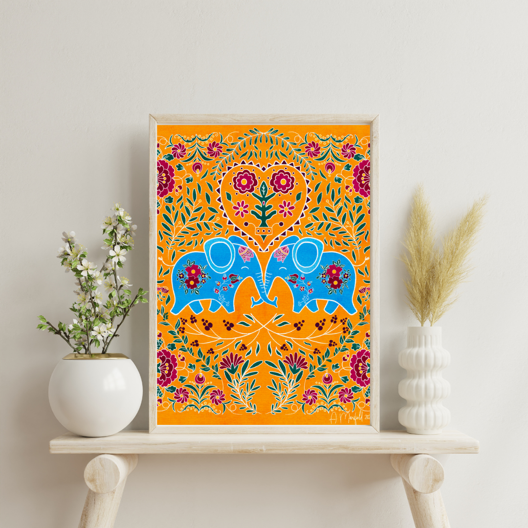 Folk art featuring two elephants surrounded by florals on an orange background.