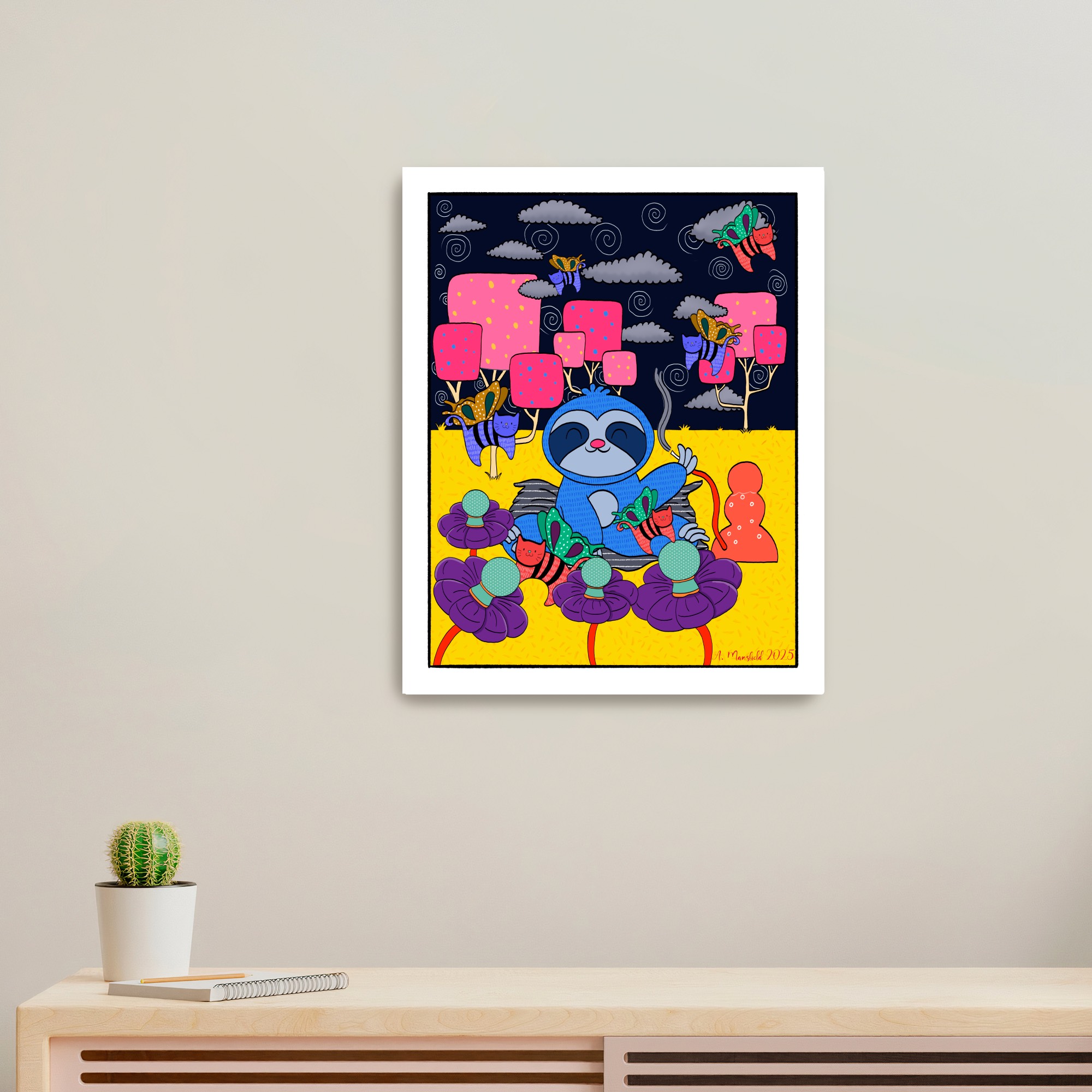 Hooka'd on Sloths: Surreal art print featuring a sloth smoking a hookah surrounded by bright-colored surreal plants and flying cats
