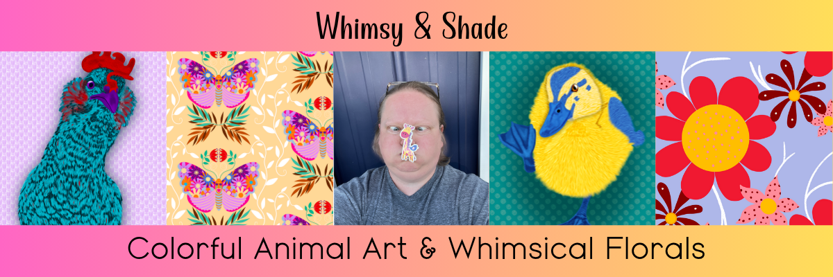 Banner: Whimsy & Shade colorful animal art and whimsical florals